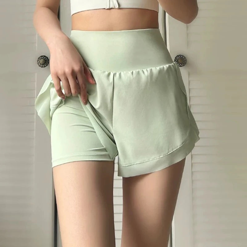 Women's yoga shorts, summer mesh fake two-piece quick drying anti glare fitness high waisted yoga pants