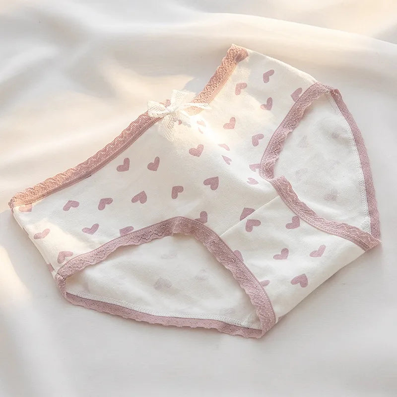 1 Pack Women's Cute Lace Trim Cotton Underwear Bow & Heart Print Briefs Sweet Style Lingerie M-XL Breathable Daily Panty