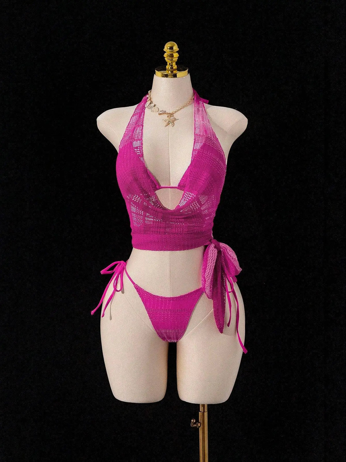 DEKA Sexy Neck Bikini Set Mesh Cover UpsWomen Pink Swimsuit Female Swimwear Shirt Dress Bathing Suit Beachwear Summer