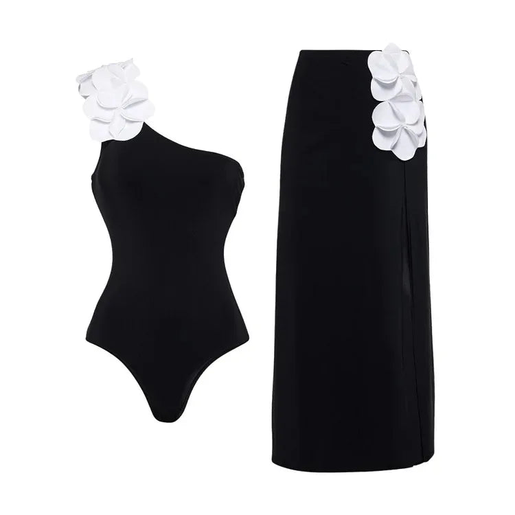 Vintage White Black Patchwork One Piece Swimsuit Long Skirt Set Women Sexy 3D Flower Bandeau Push Up Slim Holiday Swimwear 2025