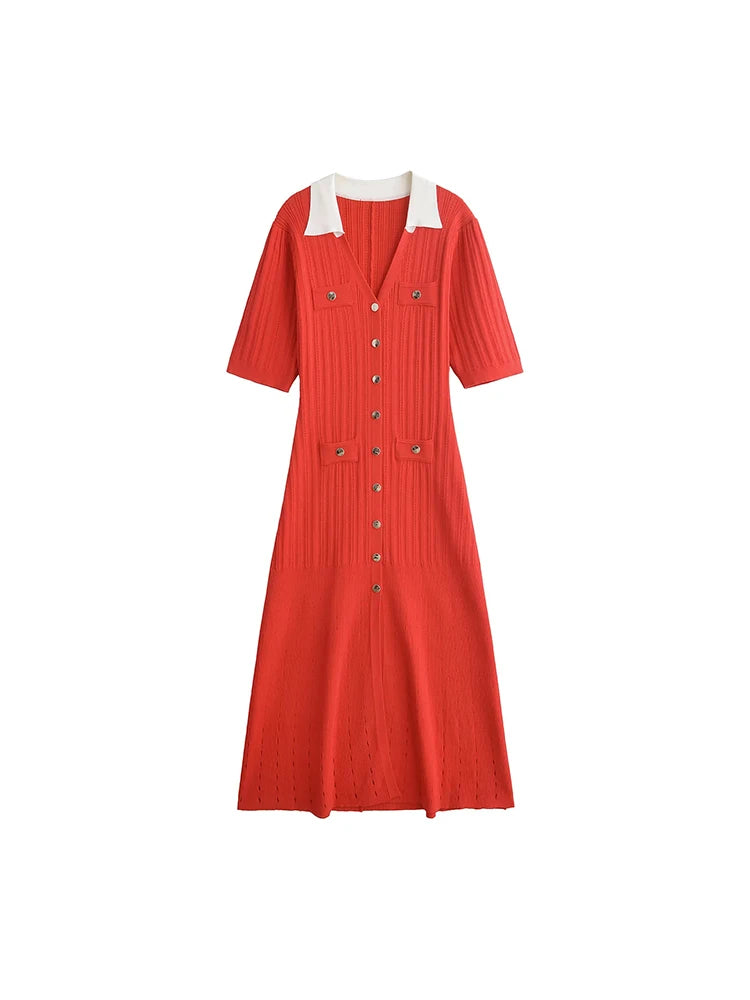 Foridol Red Knitted Polo Dress Autumn Winter Women Dress Casual Elegant Maxi A-line Hollow OutDress Slim Christmas Party