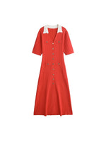 Foridol Red Knitted Polo Dress Autumn Winter Women Dress Casual Elegant Maxi A-line Hollow OutDress Slim Christmas Party