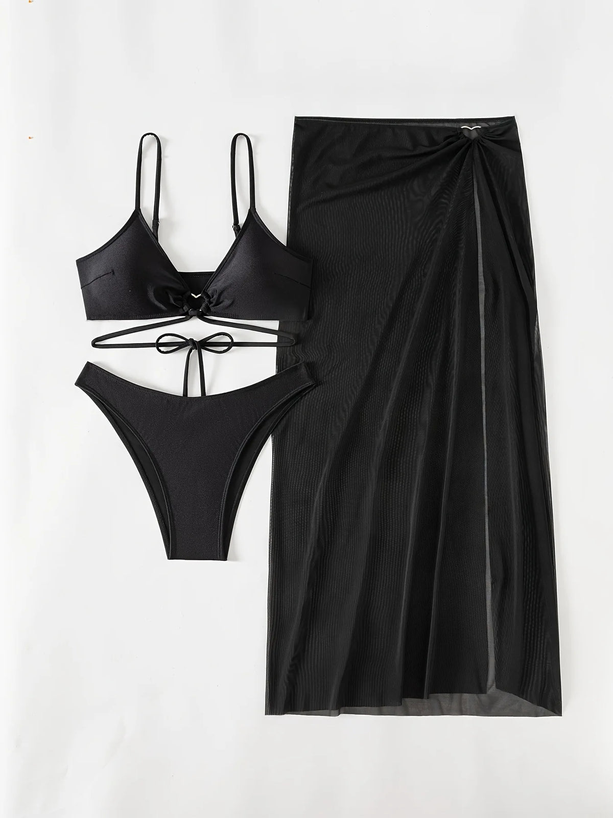 New 3 Pieces Halter Triangle Thong Bikini Set Swimsuit Women Black Swimwear with Sarong Skirts Dress Beach Wear Bathing Suits