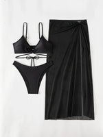 New 3 Pieces Halter Triangle Thong Bikini Set Swimsuit Women Black Swimwear with Sarong Skirts Dress Beach Wear Bathing Suits