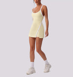 Color Contrast Tennis Dresses Women Beautiful Back Hollow Back Cross Split Skirt Pocket Sports Fitness One-piece Yoga Golf Suit