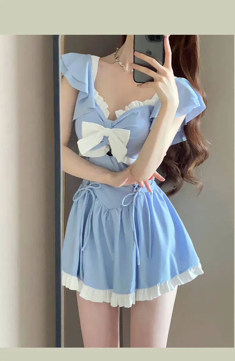 Korea Style One Piece Swimsuit with Skirt Monokini 2024 Women Front Bow Push Up Pleate Tummy Control Beach Bathing Suit Swimwear