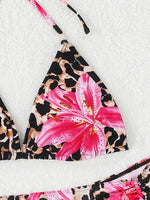 New Leopard 3 Pieces Push Up Bandeau Bikini Set Swimsuit Women Swimwear with Mesh Beach Sarong Skirts Floral Print Bathing Suit
