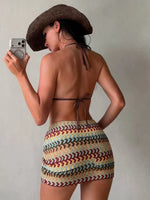 DEKA Vintage Green Striped Knitted Bikini Set Women Sexy Swimwear Drawstring Side Cover Up 3 Piece Swimsuit Bathing Suit Holiday