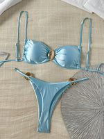 Metal Buckle Satin Bikini Women Micro Thong Swimwear Female Swimsuit Two-pieces Bikini Set High Cut Bather Bathing Suit Swim