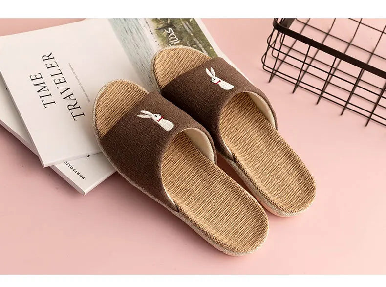 Breathable Cotton Flax Slippers For Women Men Indoor Shoes Anti-slip Light Weight Cute Cartoon Couples Home Floor Slides