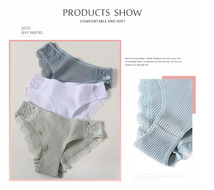 New 3Pcs/set Women's Cotton Panties M-2XL Women Patchwork Lace Underwear Sexy Low Waist Briefs Ladies Comfortable Underpants