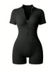Women's Solid Color Half Zip Ribbed Knit Short Sleeve Romper Sports Soft Slim Fit Mock Neck Jumpsuit Streetwear 2025 Summer