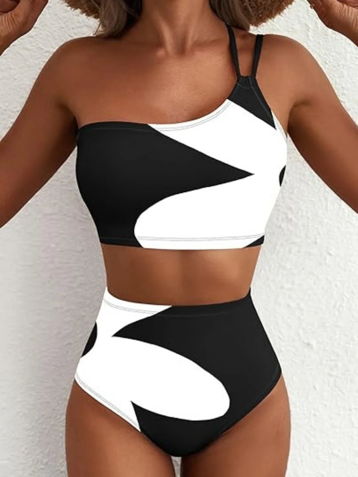 Sexy One Shoulder Swimwear Women 2026 Black White Patchwork Push Up Bra High Waist Swimsuit Beach Bathing Suit Holiday Bikini