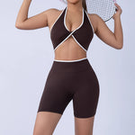 2pcs Women's Seamless Push-up Sports Vest Bra Set with High Elastic Hip Lifting Shorts for Running Aerobics Yoga