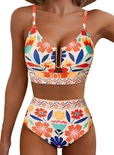 Women Sexy Floral Bikini High Waist Tummy Control Floral Bikini U Line Cross Back Padded Bikini Two Piece Beach Swimsuit