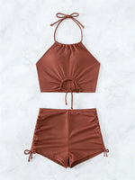 Sexy Ring Linked Pleate Bikini Set Women Brown Cut Out Push Up Two Piece Swimsuit 2024 Bathing Suit High Waist Panties Swimwear