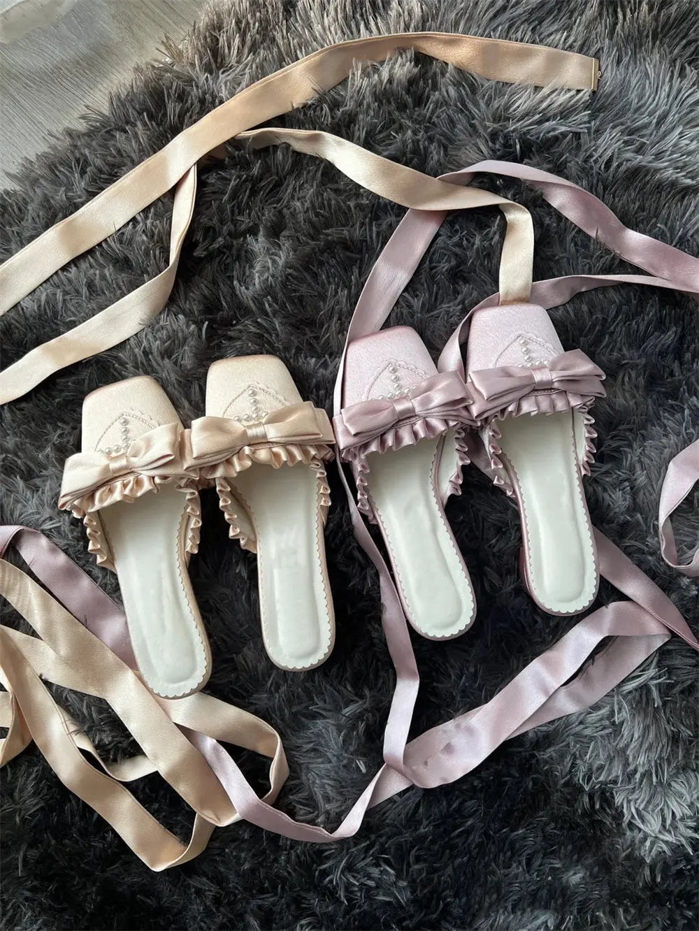 Brand New Vintage y2k Square Toe Mules Pumps Gothic Ruffles Lolita Bow-knot Block Heels Ribbon Tie Ballet Shoes Women