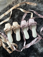 Brand New Vintage y2k Square Toe Mules Pumps Gothic Ruffles Lolita Bow-knot Block Heels Ribbon Tie Ballet Shoes Women