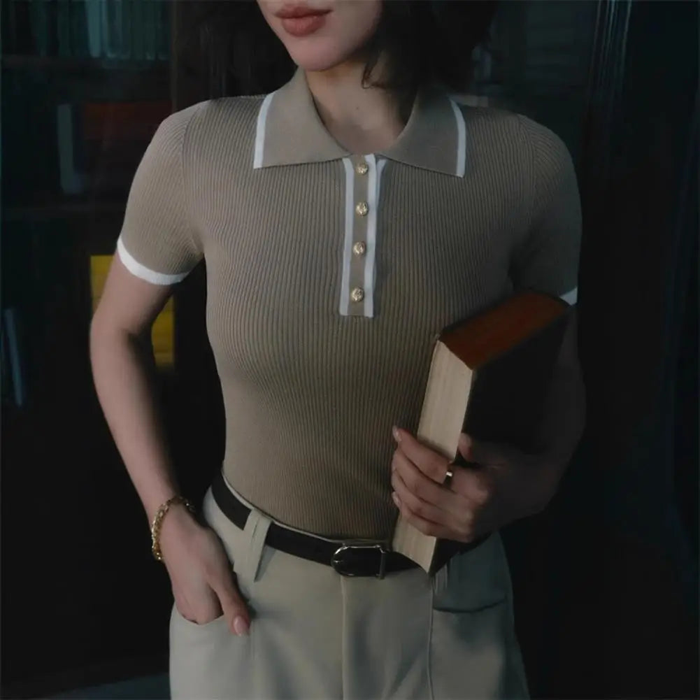 Women Short Tops Short-Sleeve Patchwork Color Lapel Tops with Buttoned Neckline Regular Fit Knitting Tops