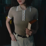 Women Short Tops Short-Sleeve Patchwork Color Lapel Tops with Buttoned Neckline Regular Fit Knitting Tops