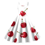 Vintage Fruit Print Dress For Women Elegant High Waist A Line Swing Dress Rockabilly 60s 50s Retro Spaghetti Strap Maxi Robe