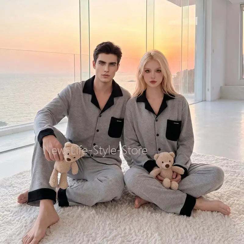 Couple Dralon Pajama Set, Autumn Winter Long Sleeve Long Pants Two Piece Outfit, Soft Skin Friendly Warm Loungewear Men Women