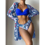 2025 Three Pieces Bikini Set Cover Up Swimwear Women Swimsuit Print Long Sleeve Push Up Bathing Suit Beachwear Swimming Biquini