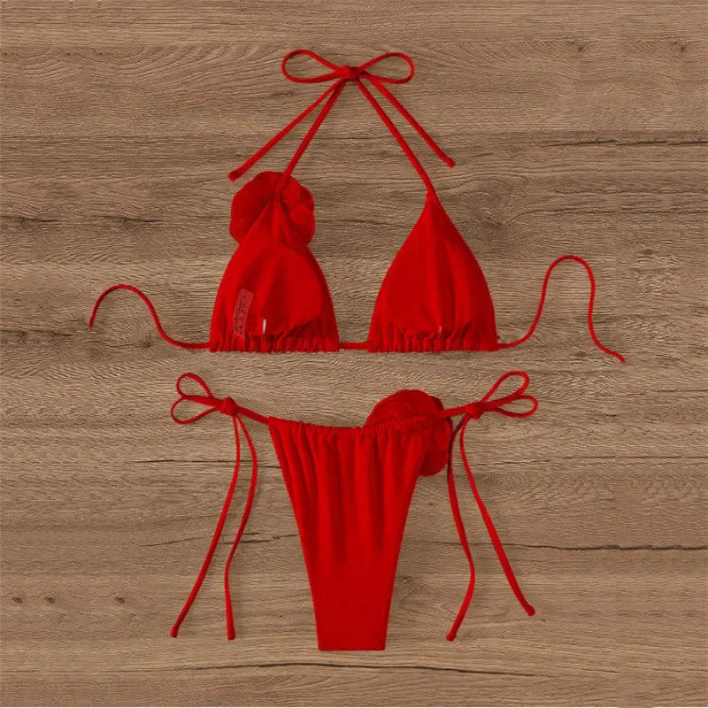 Sexy 3D Flower Black Triangle Bikinis Sets Micro Thong Swimsuit Women String Halter Bathing Suit Bikini 2026 Mujer Biquinis Swim