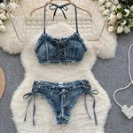 Bathing Suit Women Sexy Denim Suits Bikini Set Lace Up Drawstring Beachwear 2025 Solid Summer Vintage Two-pieces Swimwear