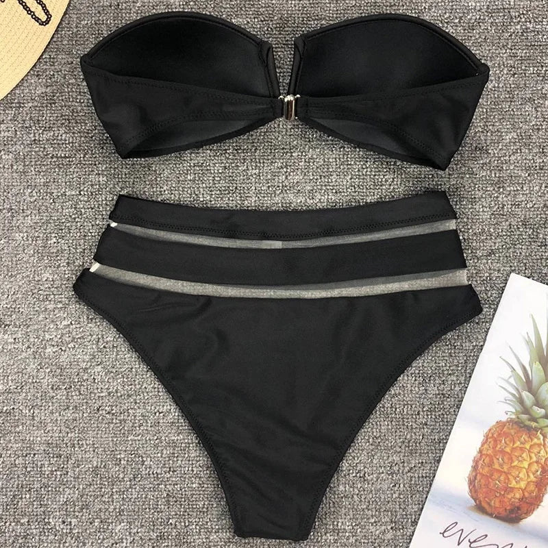 V Shaped Bandeau High Waist Bikini Women Swimsuit Female Swimwear Two-pieces Bikini Set with Bra Cup Bathing Suit Swim Beachwear