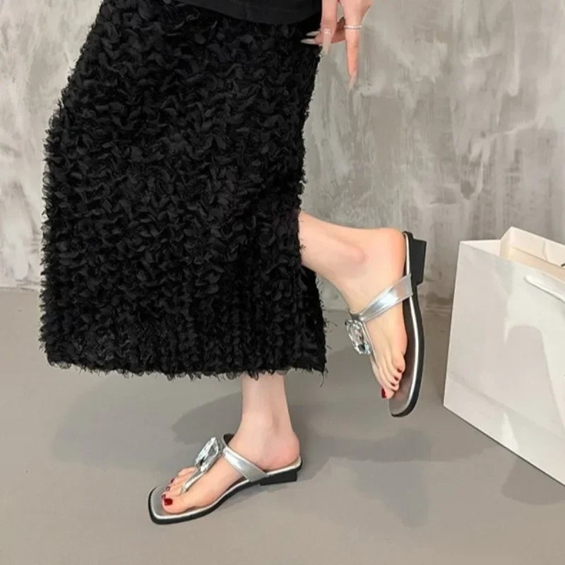 Low Heel Flip Flops Summer New Square Toe Clip Toe Soft Sole Non-Slip Wear-Resistant Flats Women's