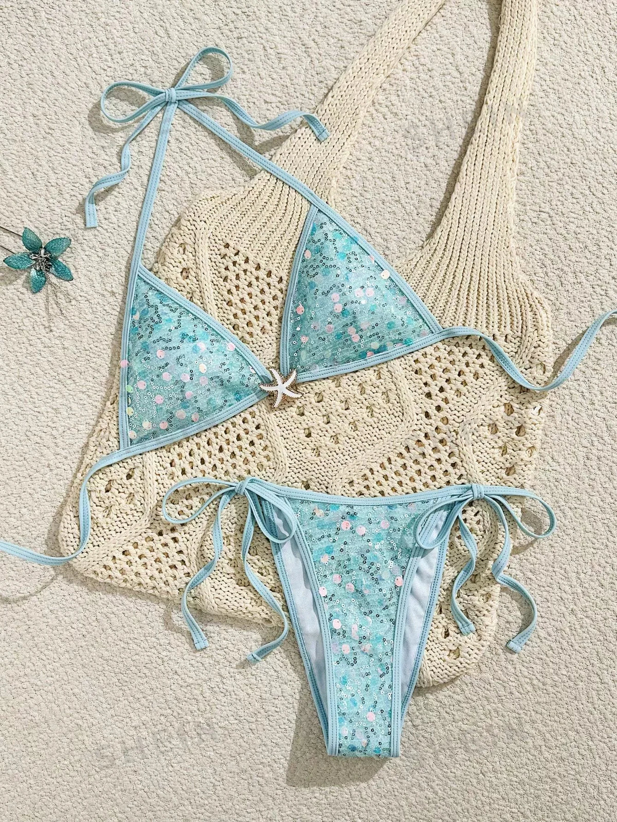 DEKA Two Piece High Waist Shorts with Starfish Sequin Decoration For Vacation Beach Swimming Clothing Bikini Swimsuit Women