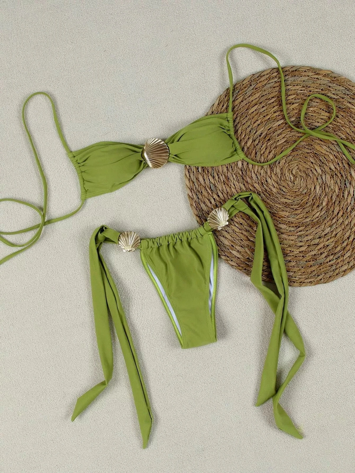 DEKA Women Brazilian Metal Shell Bikini Set Ornament Swimwear String Micro Bikini Thong Swimsuit Knotted Bathing Suit Biqui