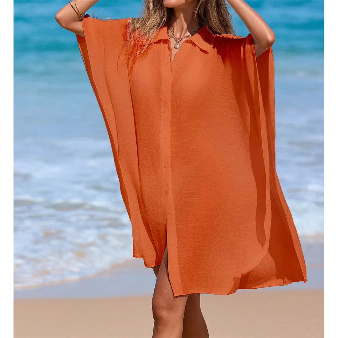4 Colors Short Sleeve Long Shirt Top Blouse Tunic Beach Dress Beach Wear Beachwear Beach Cover Up Cover-upsFemale Women V7538