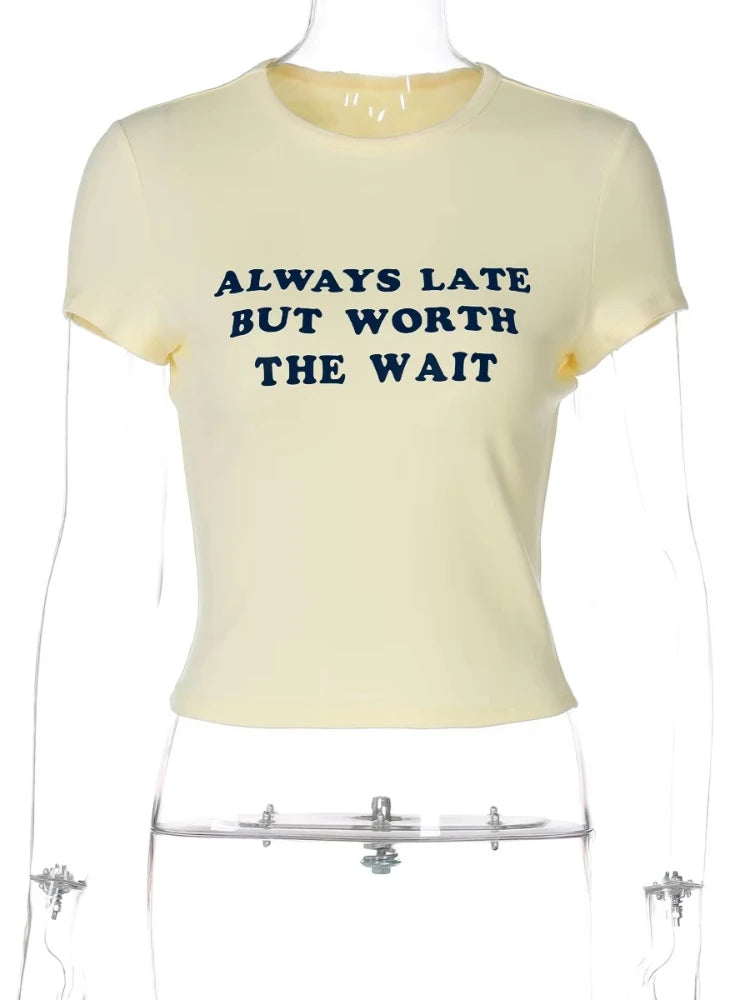 Woman Clothing Letter Print Short T-shirts Y2K Streetwear 2026 Summer O-neck Slim Fit Crop Tops Vacation Beach Tees Light Yellow