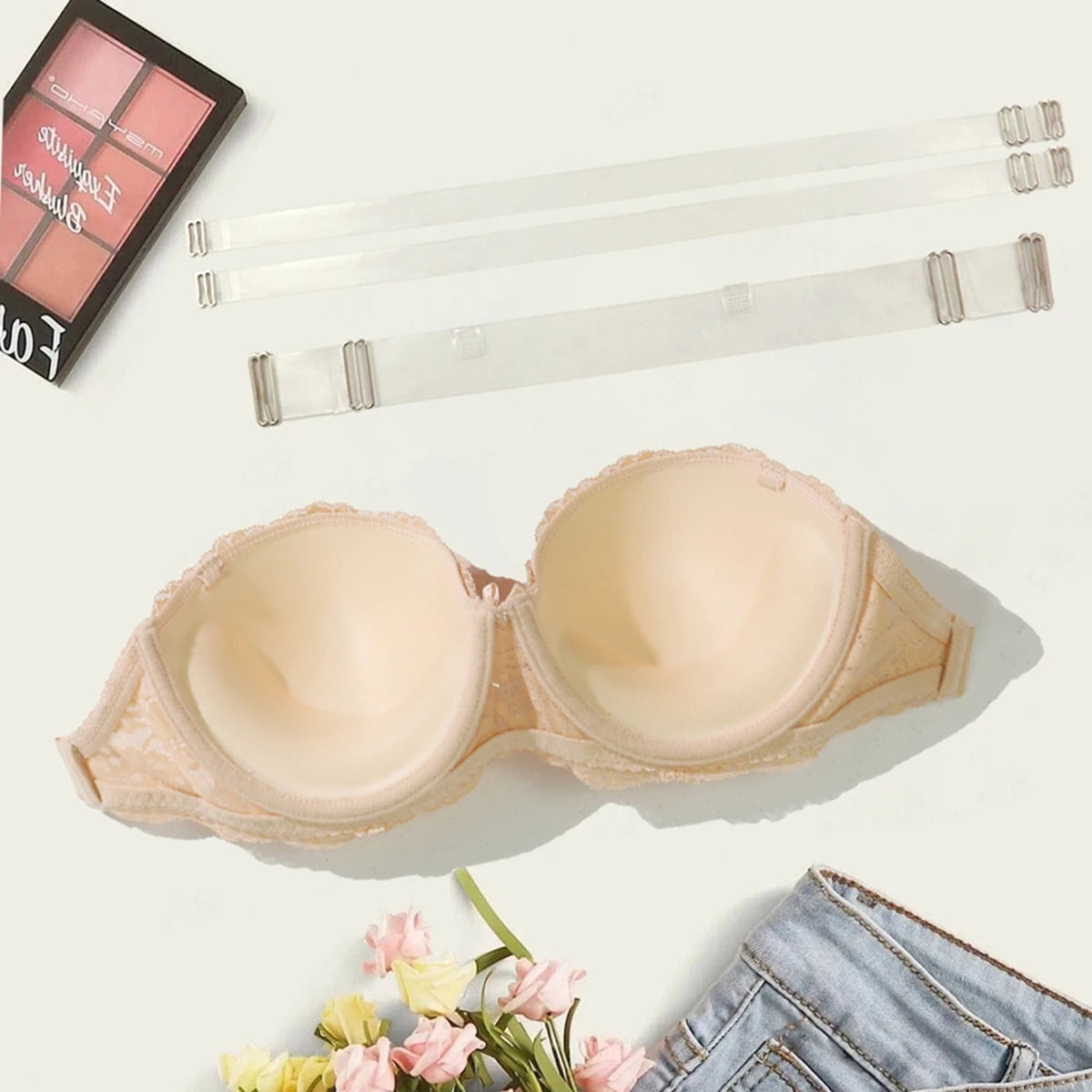 BEAUWEAR Half Cup Demi Bra with Frosted Transparent Straps Plain Lace Lingerie Backless Invisible Bra for Party Wedding