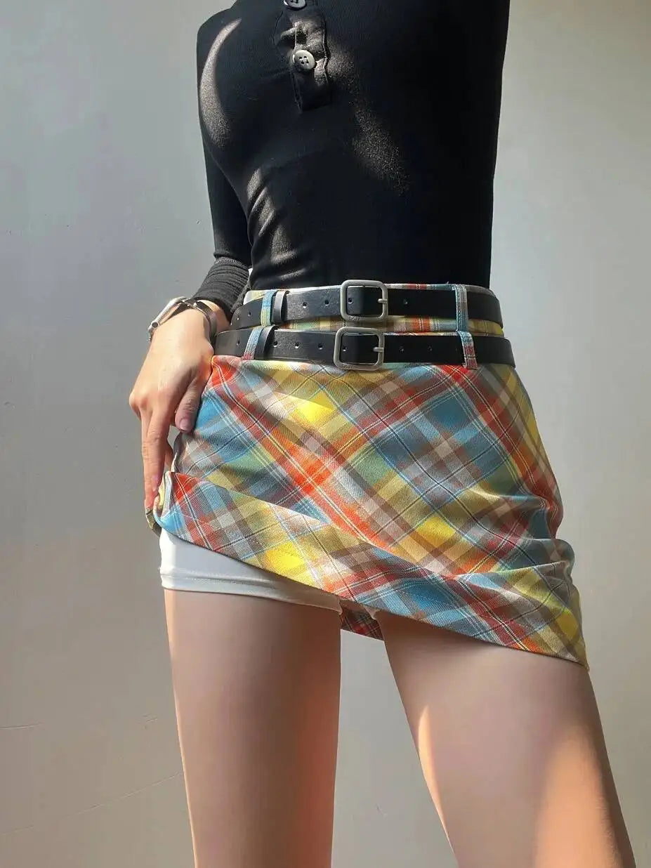 Plaid Double Waistband A-line Short SkirtWomen American Style Street High Waist Casual Collision Color Wrap Hip Skirt OJR7