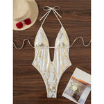 2025 Snake Skin Deep V Neck Backless One Piece Swimsuit Women Swimwear Female Halter High Leg Cut Bather Bathing Suit Swim K7412