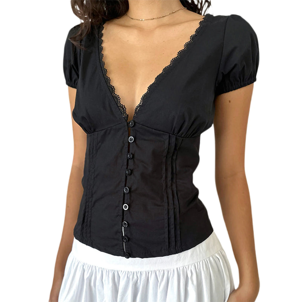 Women's Summer Solid Color Casual Shirt Short Sleeve Deep V Neck Lace Trim Buton Up Party Sweet Crop Tops
