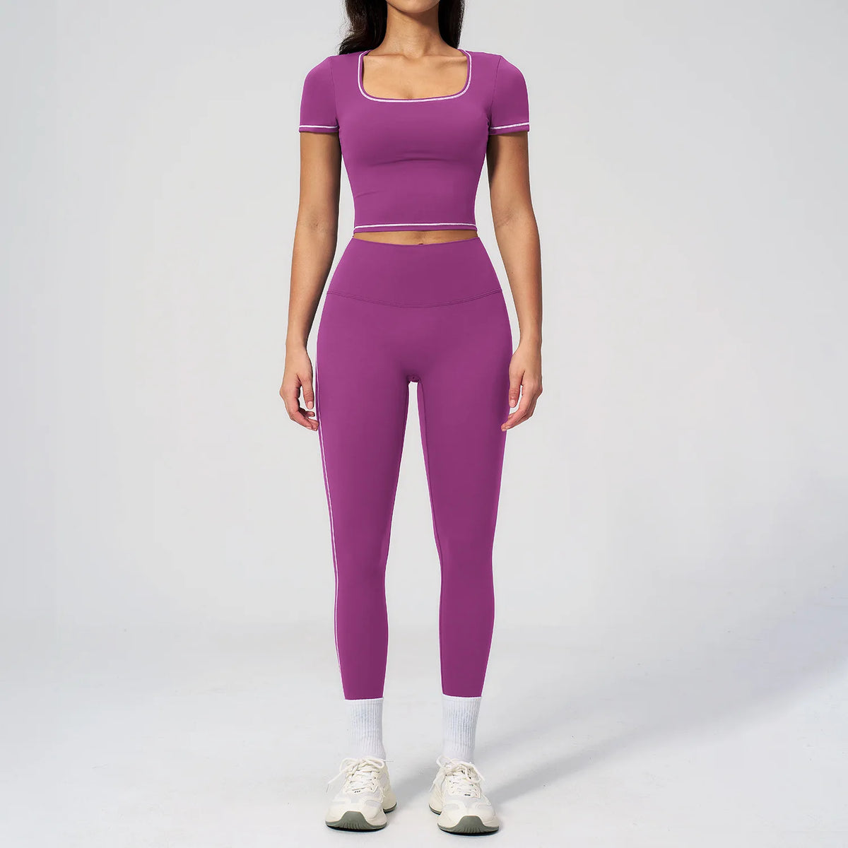 2PC Color Contrast Yoga Suit Women Short Sleeve Square Collar Slim Sports Top Fitness Suits Outdoor Exercise Leggings Tracksuit