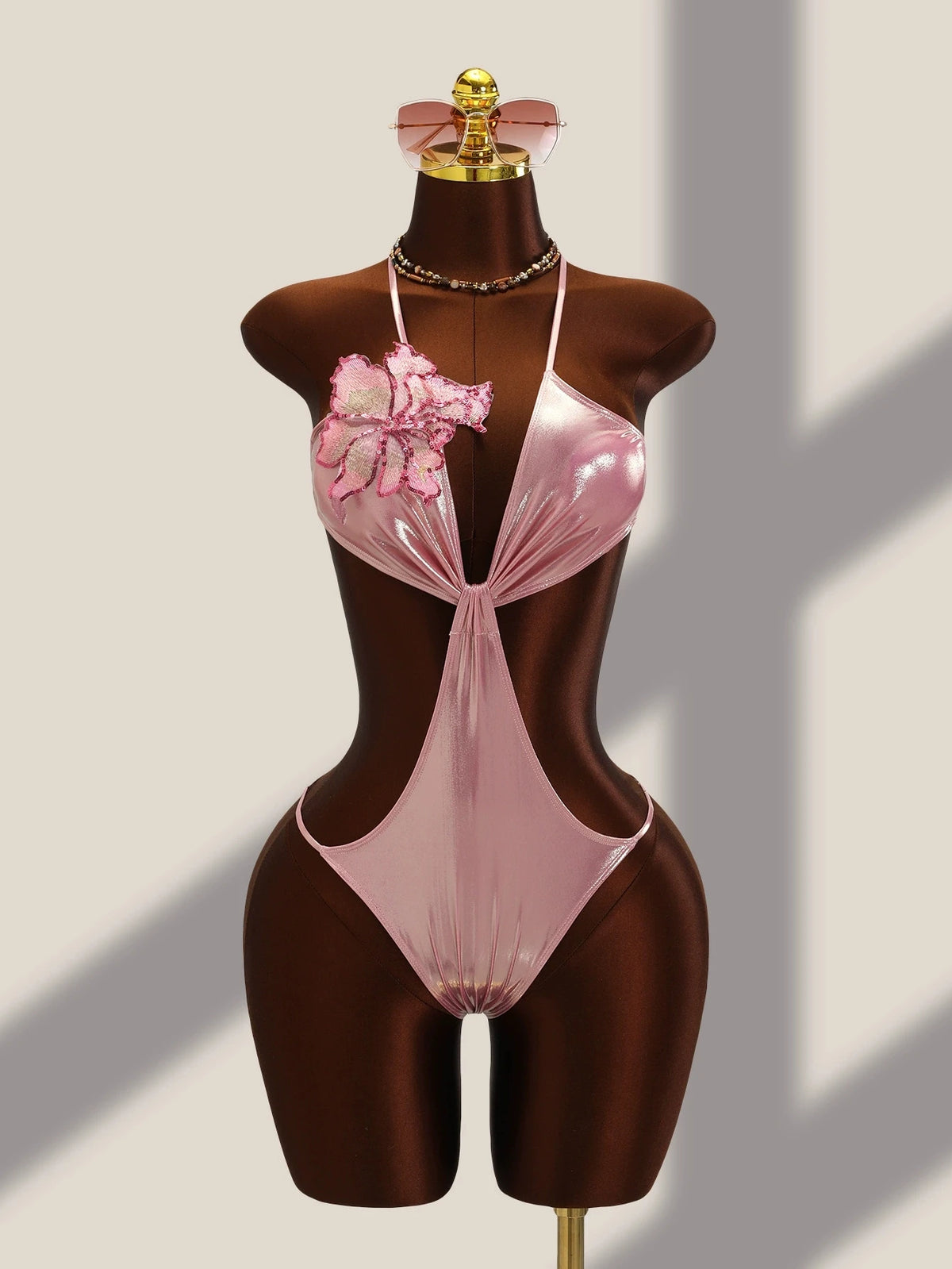 DEKA 2026 New Shiny Pink Flower One Piece Swimsuit High Cut Sleeveless Glossy Bodysuit Sexy Back Monokini Swimwear Beachwear
