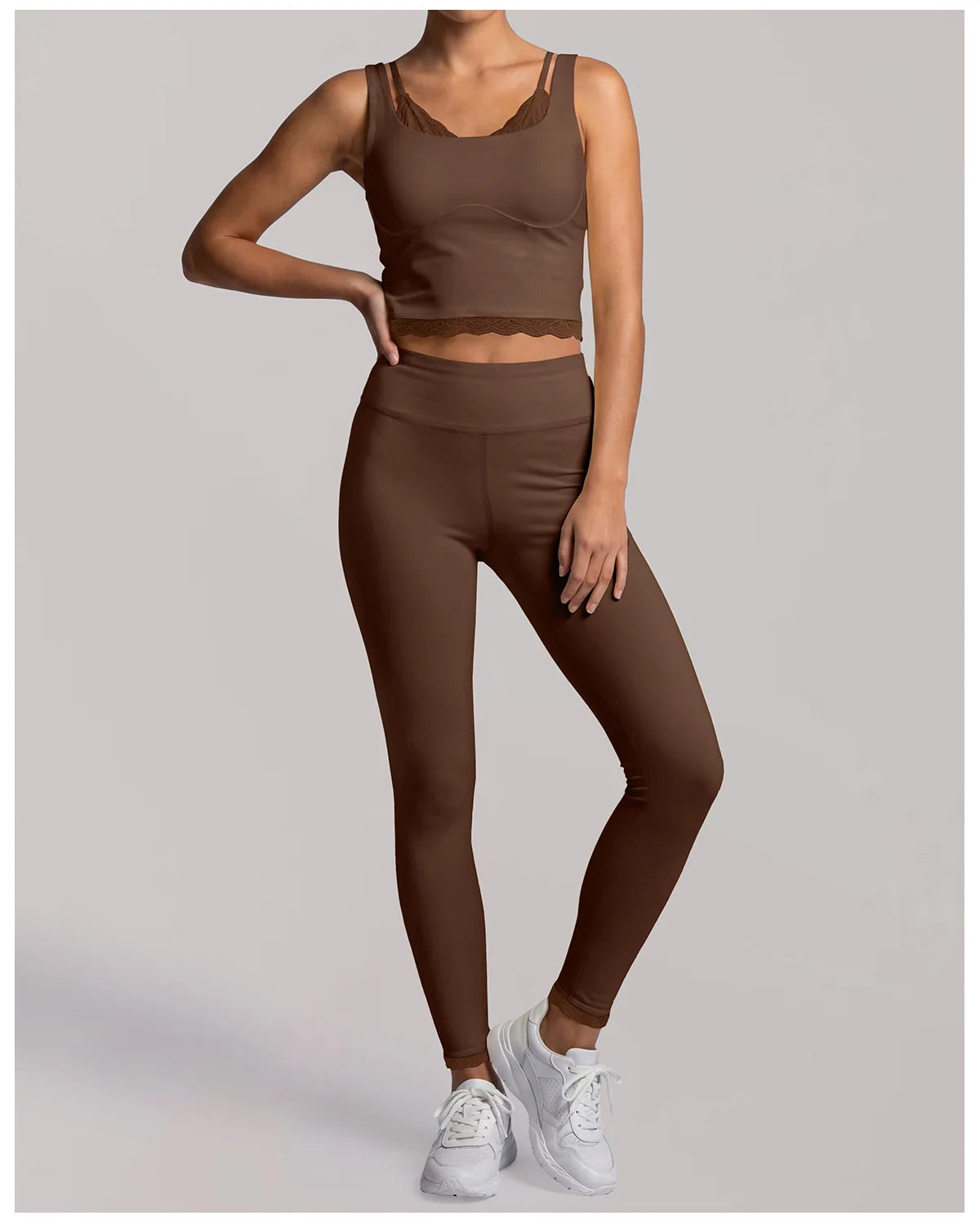 Fake Two Piece Tank Top Yoga Sets Women Lace V Neck Sports Vest Fitness Suit Hip Lifting High Waist Leggings Workout Clothes