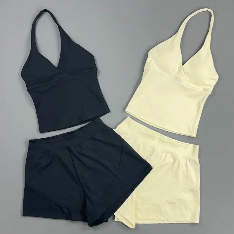 2 Piece Yoga Set Women Halter Deep V Neck Wrap Top Quick‑Dry Athletic Shorts Stretchy Gentle on Skin Suit Gym Workout Sportswear