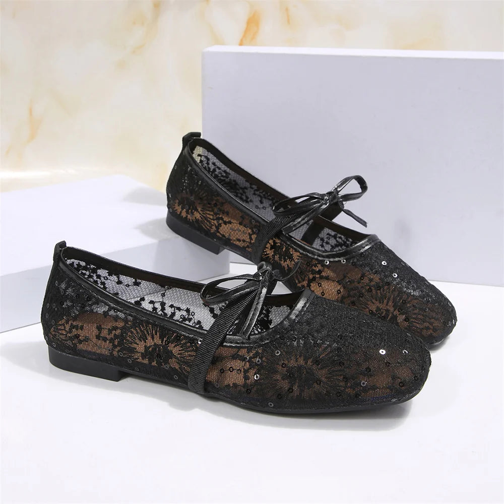 BigSize 43 Breathable White Lace Mary Jane Flats Women Comfy Walk Square Toe Casual Office Lady Ballet Flats Shoes Daily Wear
