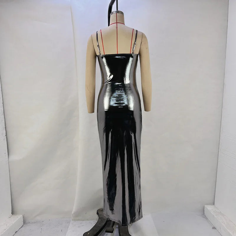 Faux Leather Slim Spaghetti Strap Dress For Women Strap Long Dresses Package Hip Bodycon Sexy Low Cut Party Evening Vestidos