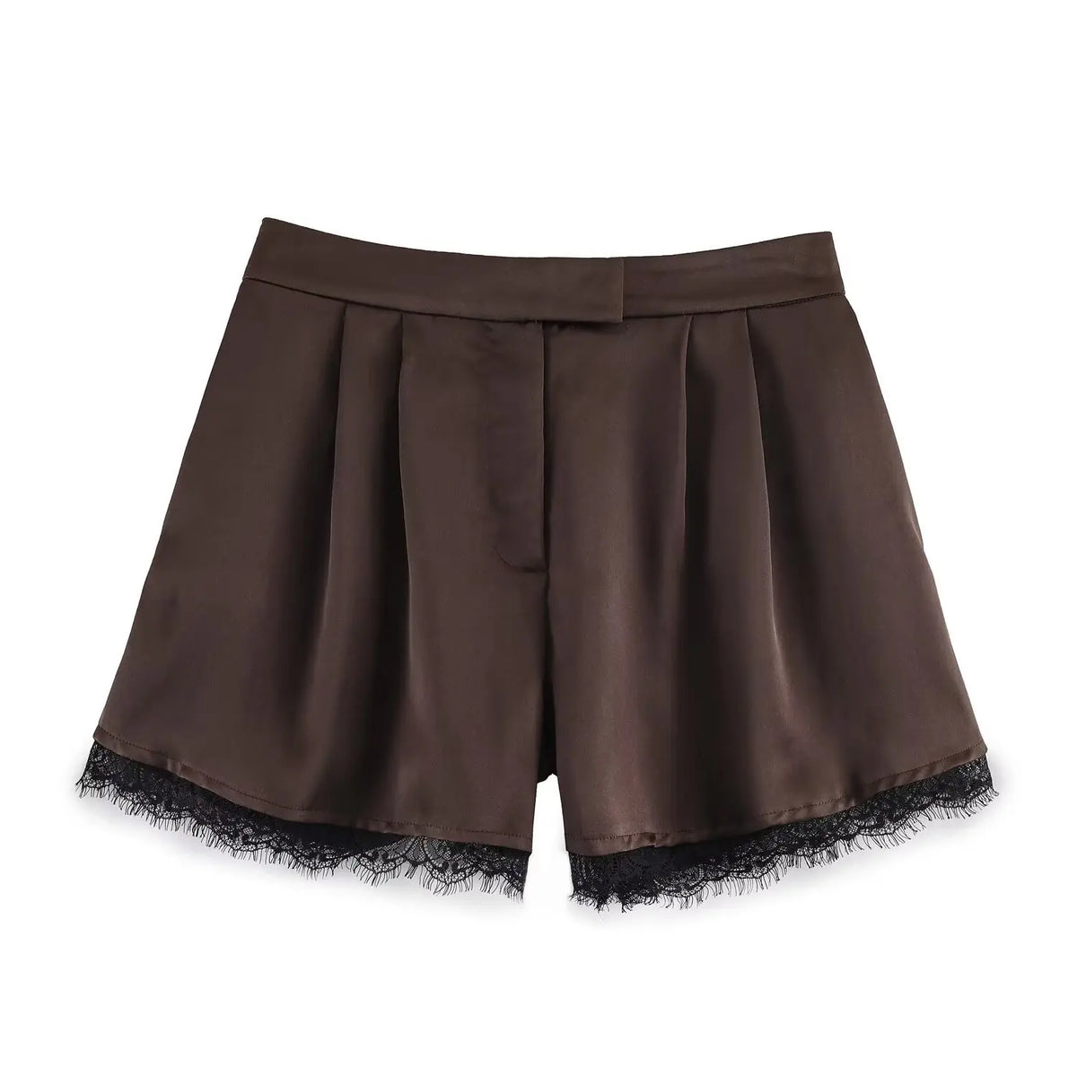 Women's Fashion Satin Texture Casual Style Shorts Elegant Brown Satin Pleated Shorts For Women High-Waisted Black Lace Trim PPDS