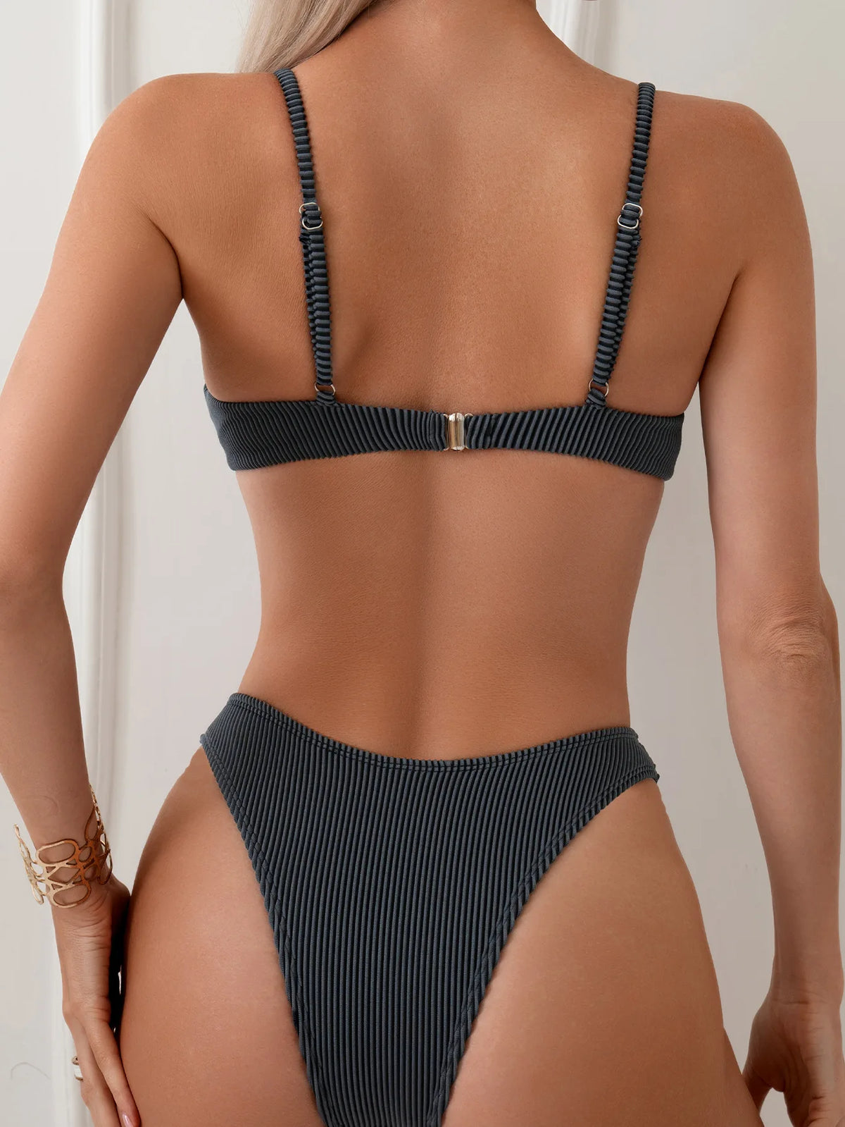 Solid Color Pit Strip Bikini Set for Women Sexy Underwire Push Up 2-piece Swimsuit High Waist Suspender BacklessBathing Suit