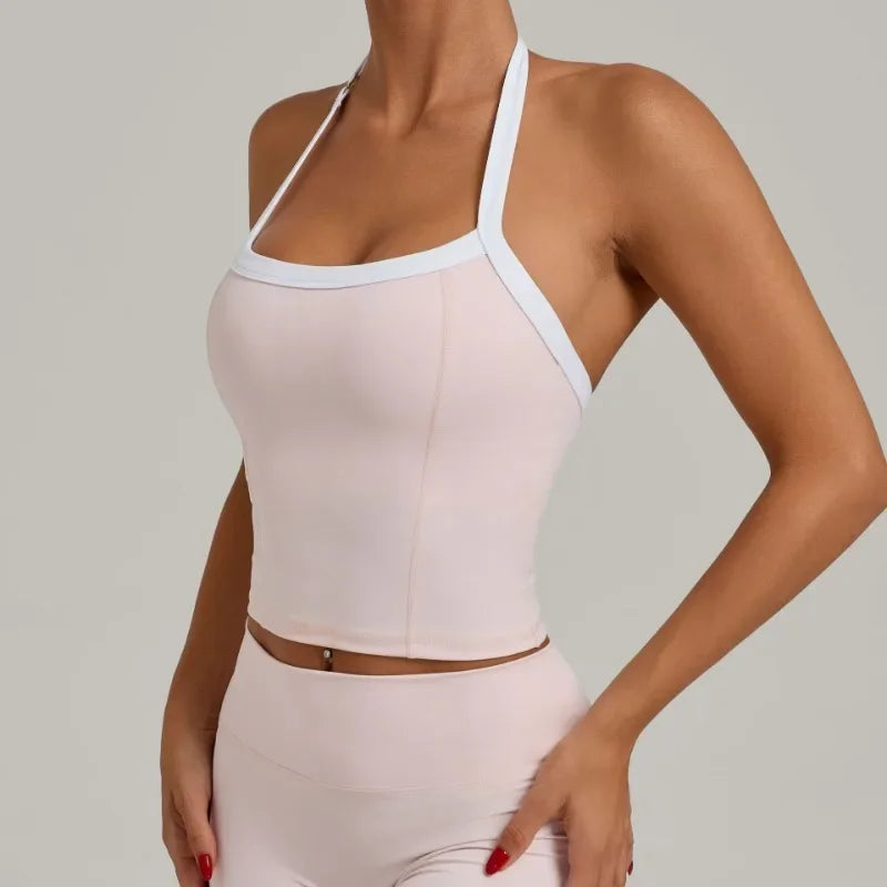 Women's Seamless Yoga Tank Top - Adjustable HALTER Neck & Quick-Dry Fitness Shirt Color Block Running Sports Gym Workout Top