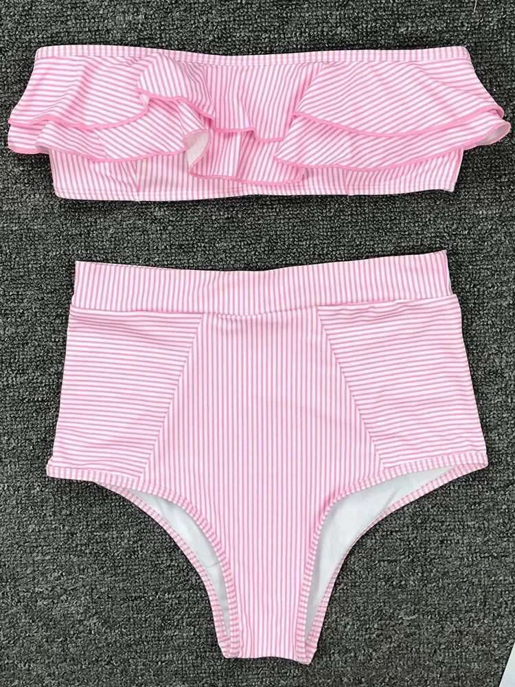 2025 Striped Top Ruffle High Waist Bikini Women Swimwear Female Swimsuit Two-pieces Bikini set Bandeau Bikinis Bathing Suit Swim
