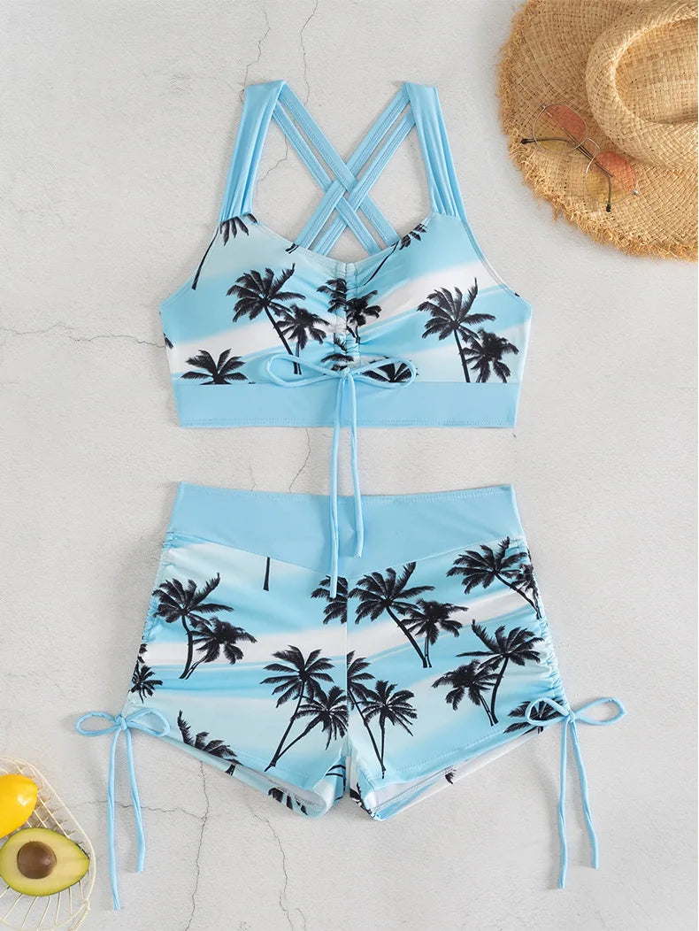 Women's Bathing Suits Two Piece Coconut Tree Print Tankini Swimsuit Woman Summer Sexy Beach Wear Separate Swimwear Female Shorts